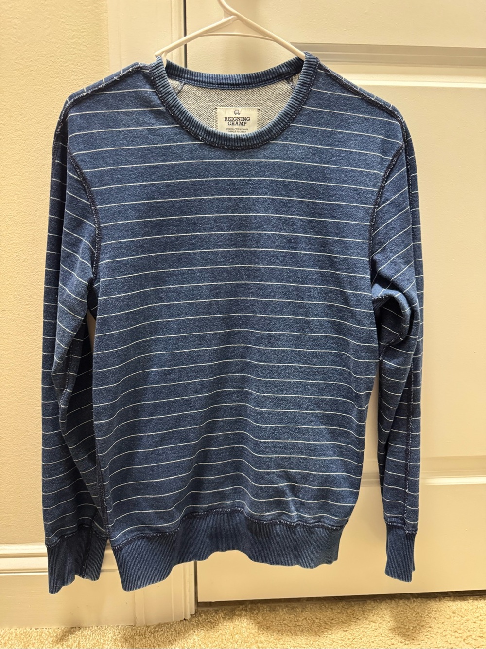 Reigning Champ Blue Striped Crewneck Sweater